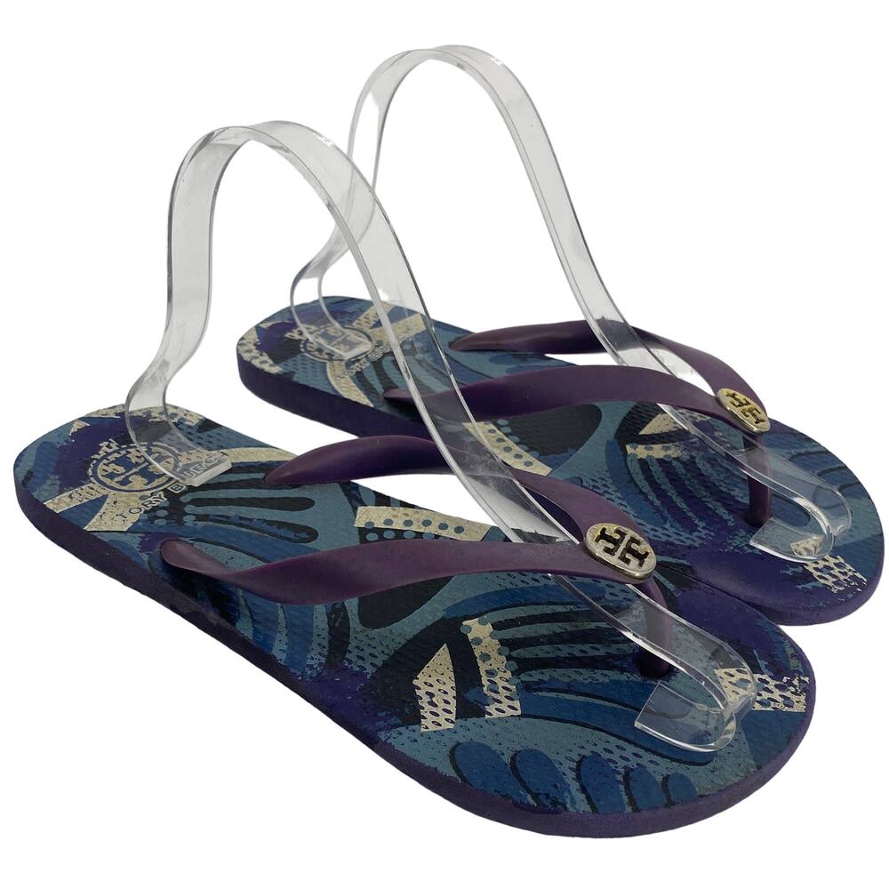 Tory Burch women 9 Blue White Rubber Slip On Thong Flat Flip Flop Shoes